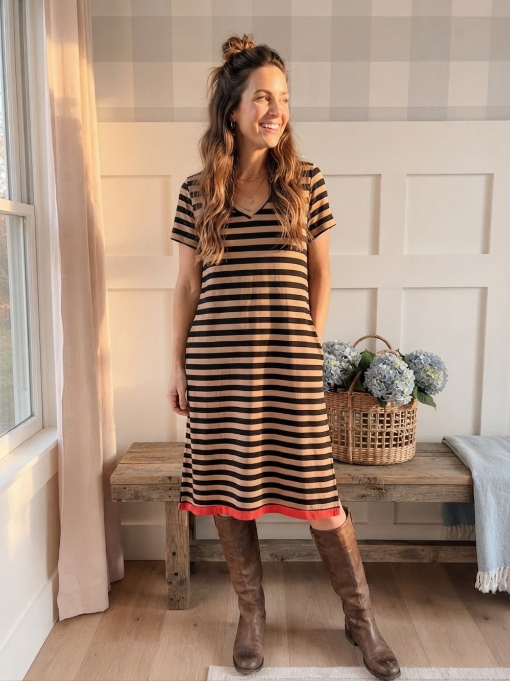 Striped V-Neck Midi Dress in Tan, Black and Red Trim Small